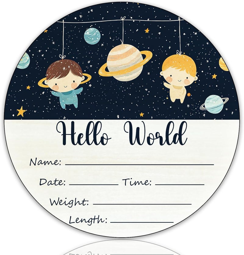 CLHHM Space Baby Name Announcement Sign Hello World Newborn Sign wooden Newbaby Gifts Nursery Wall Décor 5.9 Inch Baby Stats Board - Image 1